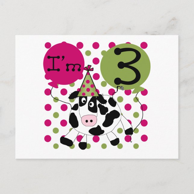 Carte Postale Vache rose 3e Anniversaire Tshirts et cadeaux (Devant)