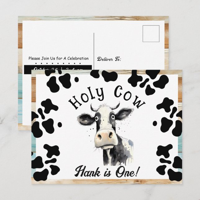 Carte Postale Vache Sainte 1er Anniversaire Aquarelle (Devant / Derrière)