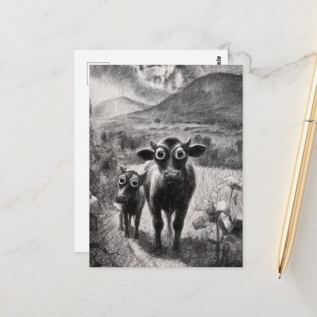 Carte Postale Vaches blanches et noires (Devant/Arrière en situation)