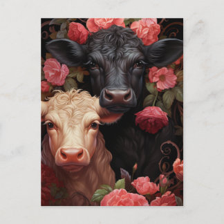 Carte Postale Vaches dans les fleurs roses