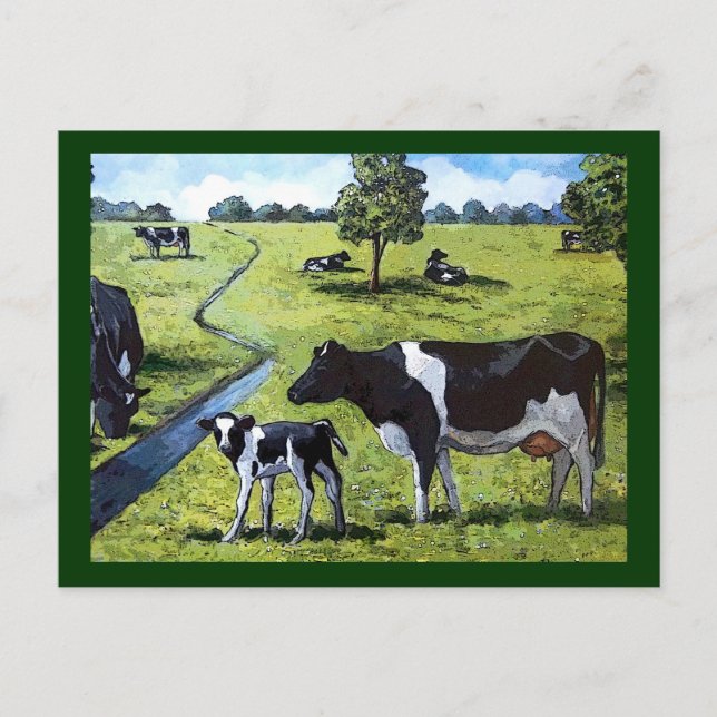 Carte Postale VACHES DE HOLSTEIN À PASTURE : Art Peint À La Main (Devant)