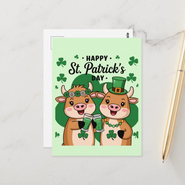 Carte Postale Vaches de Jour de la Saint Patrick adorables (Devant/Arrière en situation)