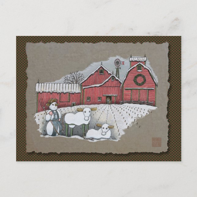 Carte Postale Vaches de neige et grange (Devant)