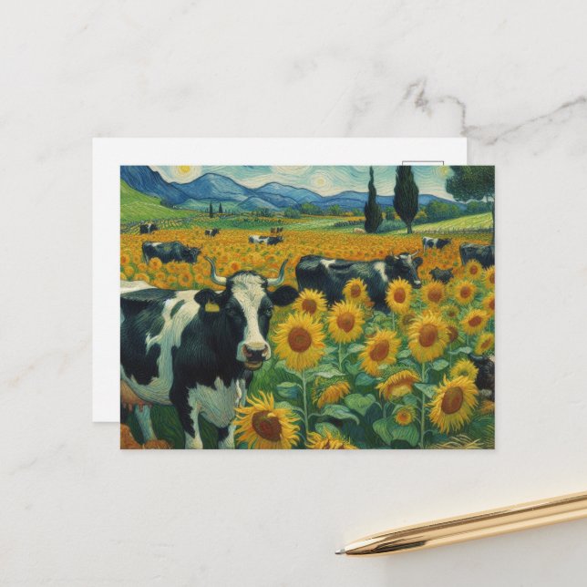 Carte Postale Vaches noires tachetées a Faux Van Gogh (Devant/Arrière en situation)
