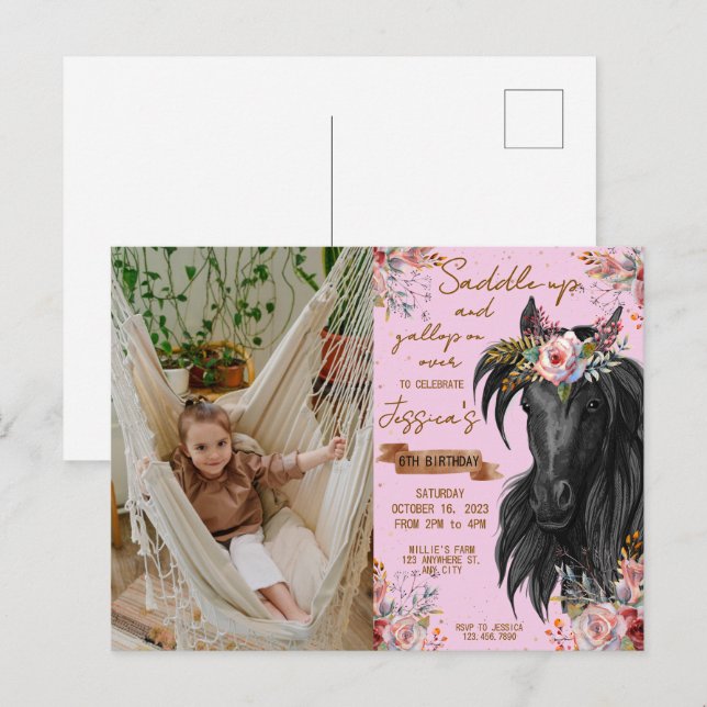 Carte Postale Vachette fille anniversaire cheval aquarelle (Devant / Derrière)