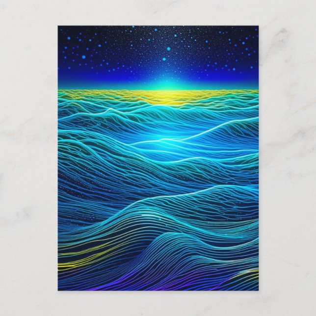 Carte Postale Vagues bleu éthérée et coucher de soleil océanique (Devant)