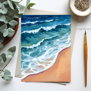 Carte Postale Vagues océaniques bleu aquarelle côtier