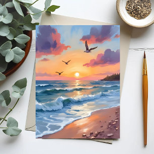 Carte Postale Vagues océaniques Coucher de soleil   Peinture à l