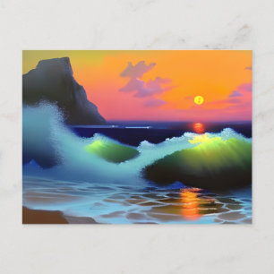 Carte Postale Vagues océaniques dramatiques et coucher du soleil