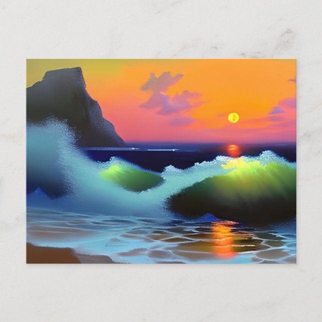 Carte Postale Vagues océaniques dramatiques et coucher du soleil (Devant)