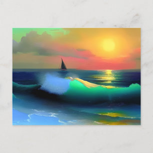 Carte Postale Vagues océaniques dramatiques et reflet des couche