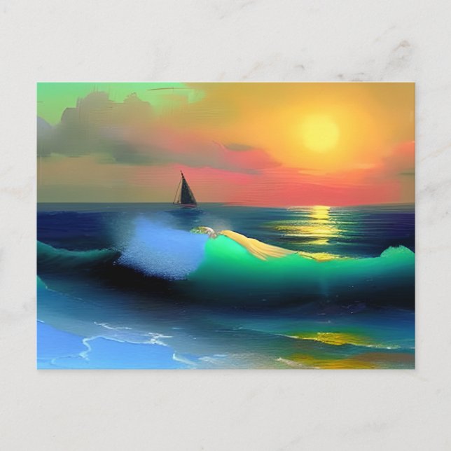 Carte Postale Vagues océaniques dramatiques et reflet des couche (Devant)