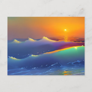 Carte Postale Vagues Turquoises éthérées et coucher de soleil or