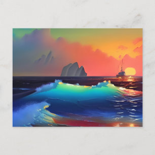 Carte Postale Vagues Turquoises éthérées, navire et coucher de s