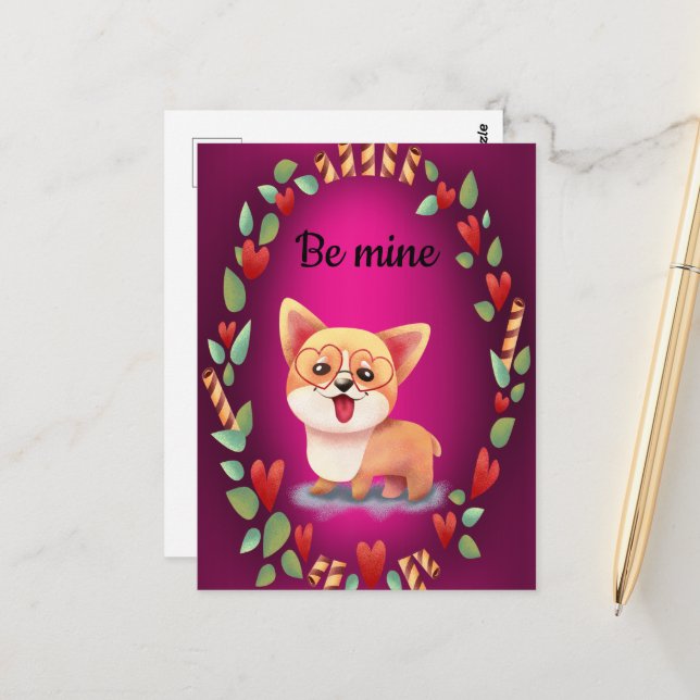 Carte Postale Valentine Corgi Love (Devant/Arrière en situation)