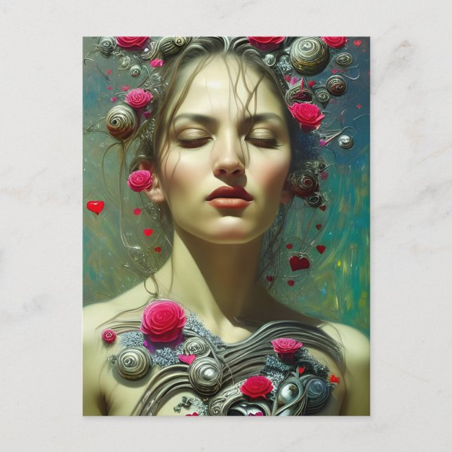 Carte Postale Valentine déesse Coeurs roses Fleurs (Devant)