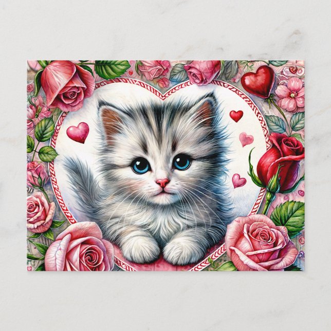 Carte Postale Valentine Kitten with Red Roses (Devant)