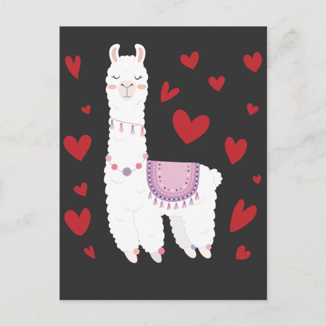 Carte Postale Valentines Jour Llama Alpaca Coeurs Fille Garçon E (Devant)