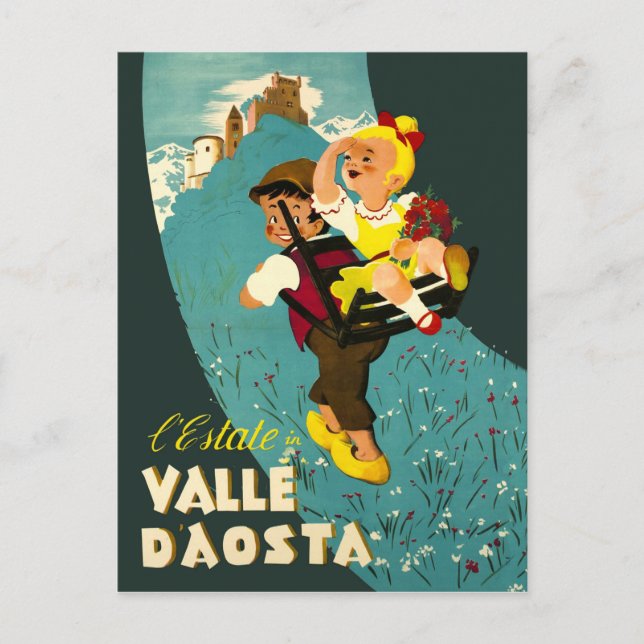 Carte Postale Vallée d'Aoste, randonnée garçon et fille sur la m (Devant)