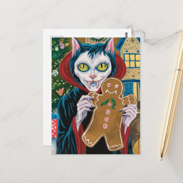 Carte Postale Vampire de Noël Kitty avec pain d'épices Homme (Devant/Arrière en situation)