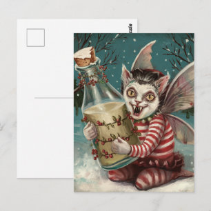 Carte Postale Vampire Kitty de Noël avec bouteille de lait