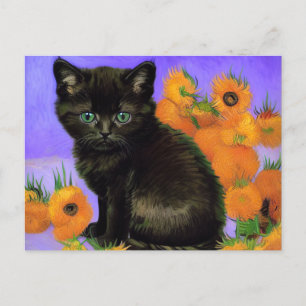 Carte Postale Van Gogh Kitten noir avec des tournesols