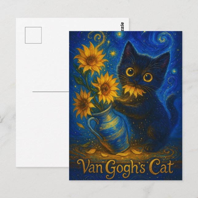 Carte Postale Van Gogh Starry Nuit Chat noir avec des tournesols (Devant / Derrière)
