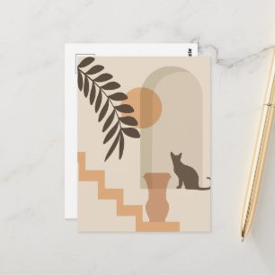 Carte Postale Vase Chat Feuille Escalier, Art Géométrique Abstra