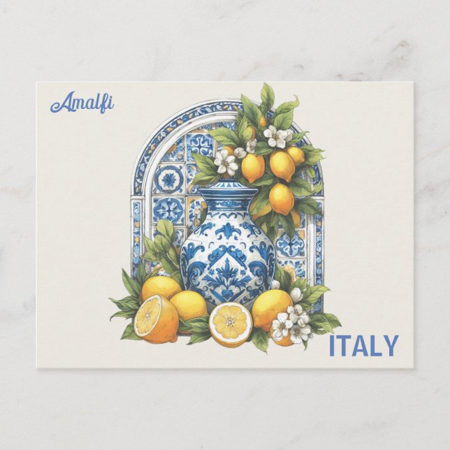 Carte Postale Vase citron blanc et bleu Amalfi en céramique Ital (Devant)