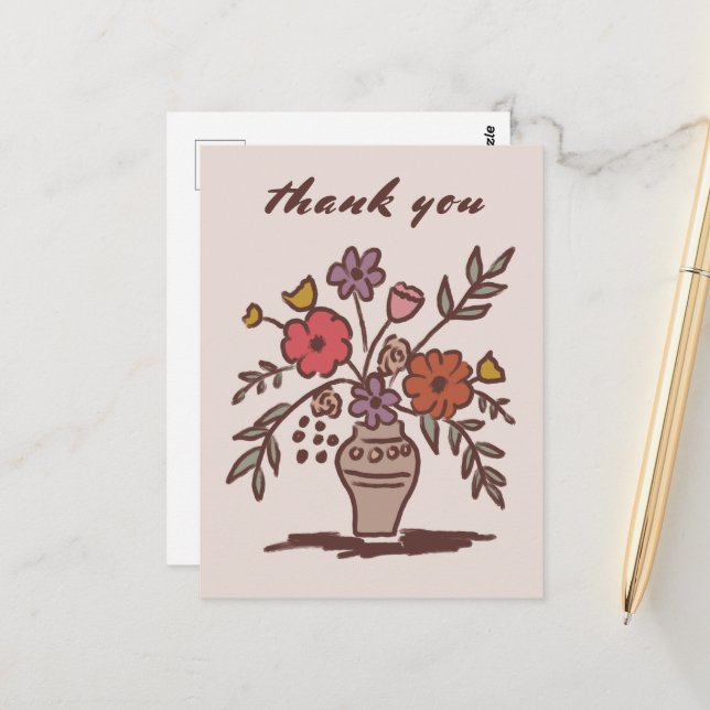 Carte Postale Vase Floral Rustique Fantaisie Remerciement (Devant/Arrière en situation)
