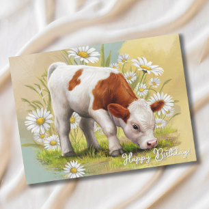 Carte Postale Veau bébé mignon dans un champ de pâquerettes, ann