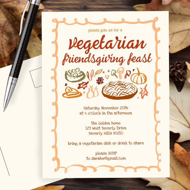 Carte Postale VÉGÉTARIEN Whimsgiving Friendsgiving (Whimsical VEGETARIAN Thanksgiving Friendsgiving Dinner Party Invitation Custom Postcard
)