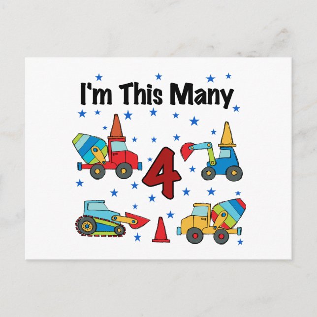 Carte Postale Véhicules de construction T-shirts 4e anniversaire (Devant)