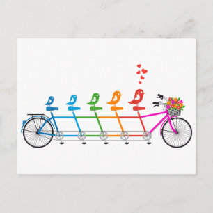 Carte Postale vélo tandem coloré avec famille d'oiseaux mignons