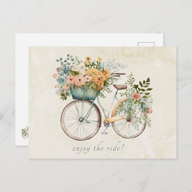 Carte Postale Vélo Vintage Boho avec panier à fleurs (Devant / Derrière)