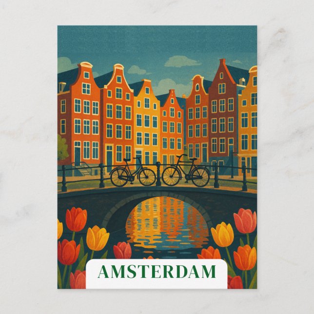 Carte Postale Vélos vintage d'Amsterdam sur un pont fleuri (Devant)