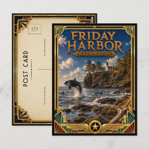 Carte Postale Vendredi Harbor Washington Art Déco Doré Vintage