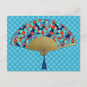 Carte Postale Ventilateur déco - Fleurs en Cobalt, Turquoise et 