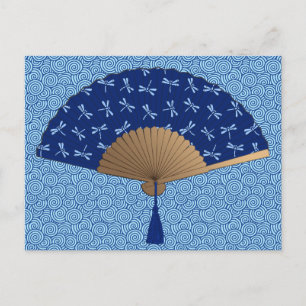 Carte Postale Ventilateur japonais, Motif de libellules, bleu Co