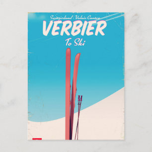 Carte Postale Verbier, affiche vintage Suisse de voyage en ski.