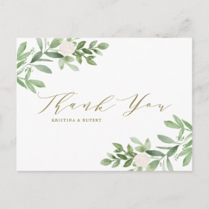 Carte Postale Verdure et fleurs blanches Merci Mariage or
