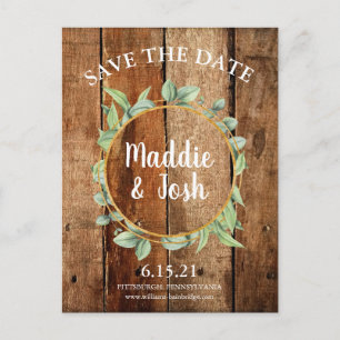 Carte Postale Verdure rustique Wreath & Gold Enregistrer la date