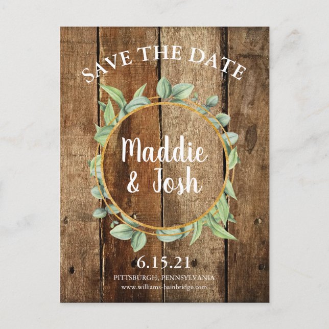 Carte Postale Verdure rustique Wreath & Gold Enregistrer la date (Devant)