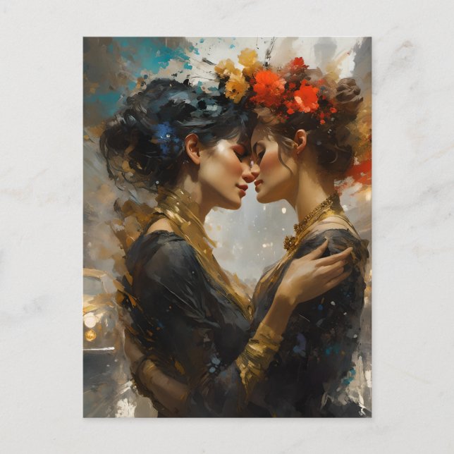 Carte Postale Véritables amoureux lesbiennes Fleurs dans les che (Devant)