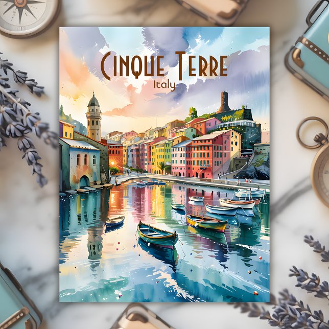 Carte Postale Vernazza Cinque Terre Italie Aquarelle personnalis (Custom Vernazza Cinque Terre Italy Harbor Watercolor Painting Postcard)