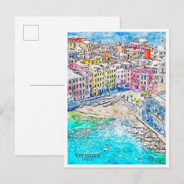 Carte Postale Vernazza Italie vin voyage aquarelle (Devant / Derrière)