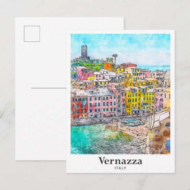 Carte Postale Vernazza Italie Voyage Aquarelle Croquis main (Devant / Derrière)