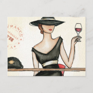 Carte Postale Verre à vin et femme à la mode