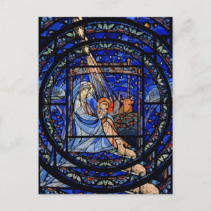 Carte Postale Verre coloré de la nativité rayonnant bleu