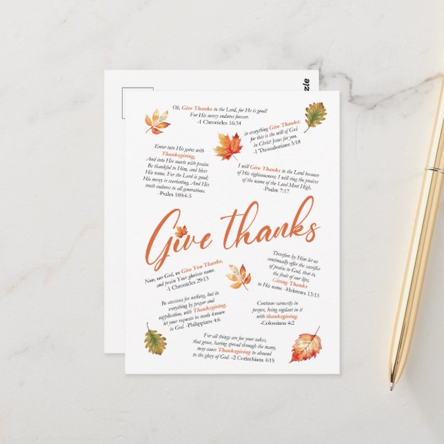 Carte Postale Versets bibliques de Thanksgiving avec feuilles d' (Devant/Arrière en situation)